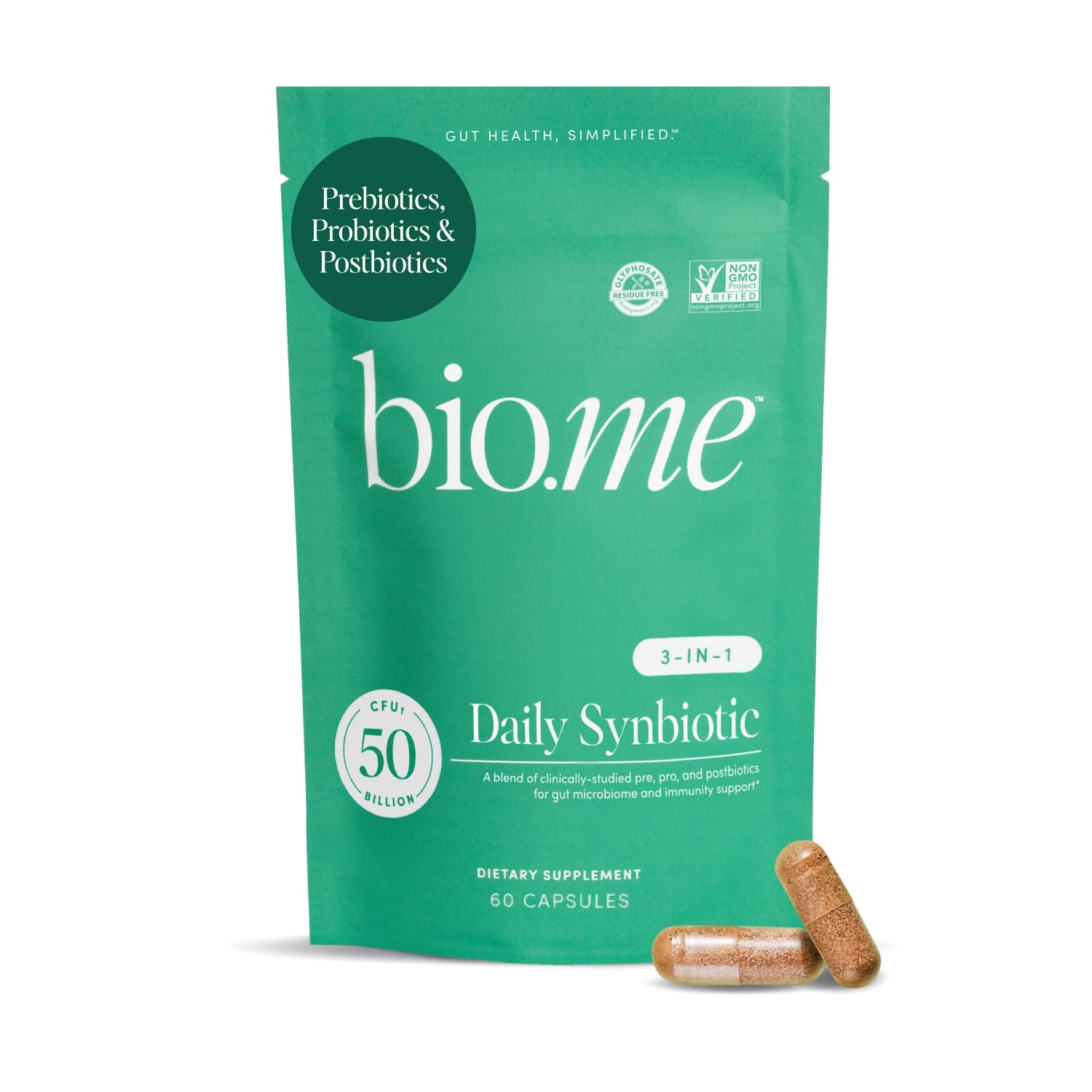 Synbiotic 3-in-1 Prebiotics, Probiotics & Postbiotics for Digestive Health, Gut Health, Immune Support & Bloating Relief for Men & Women - 50 Billion CFU Per Serving - Vegan, 60 Capsules (30 Servings)