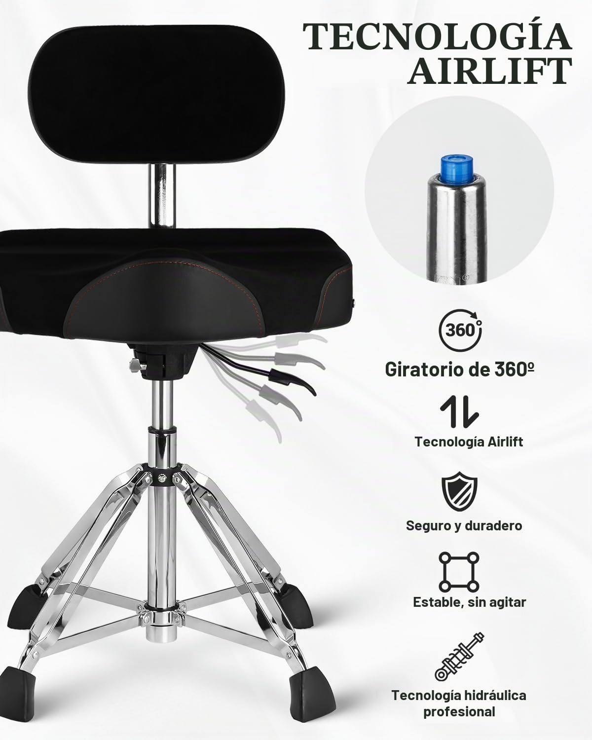 Strich Taburete de batería con Respaldo, Taburete hidráulico, Silla Regulable en Altura para Bateristas Adultos con Baquetas para ensayo y actuación SDB-40B