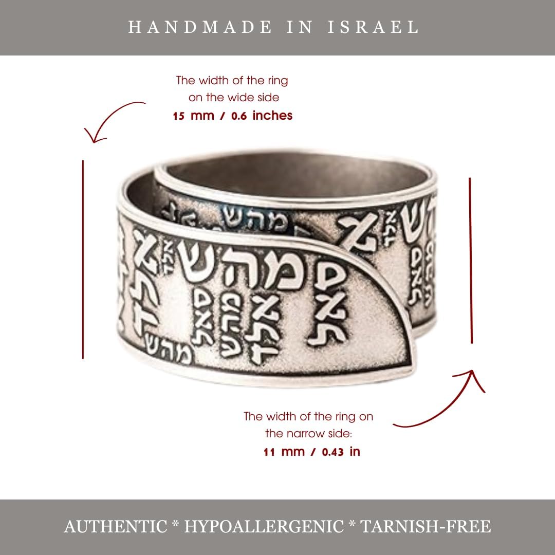 Kabbalah 72 Names of God Judaica Ring for Men & Women, 925 Sterling Silver Open Adjustable Hebrew Jewish Ring, Handmade in Israel