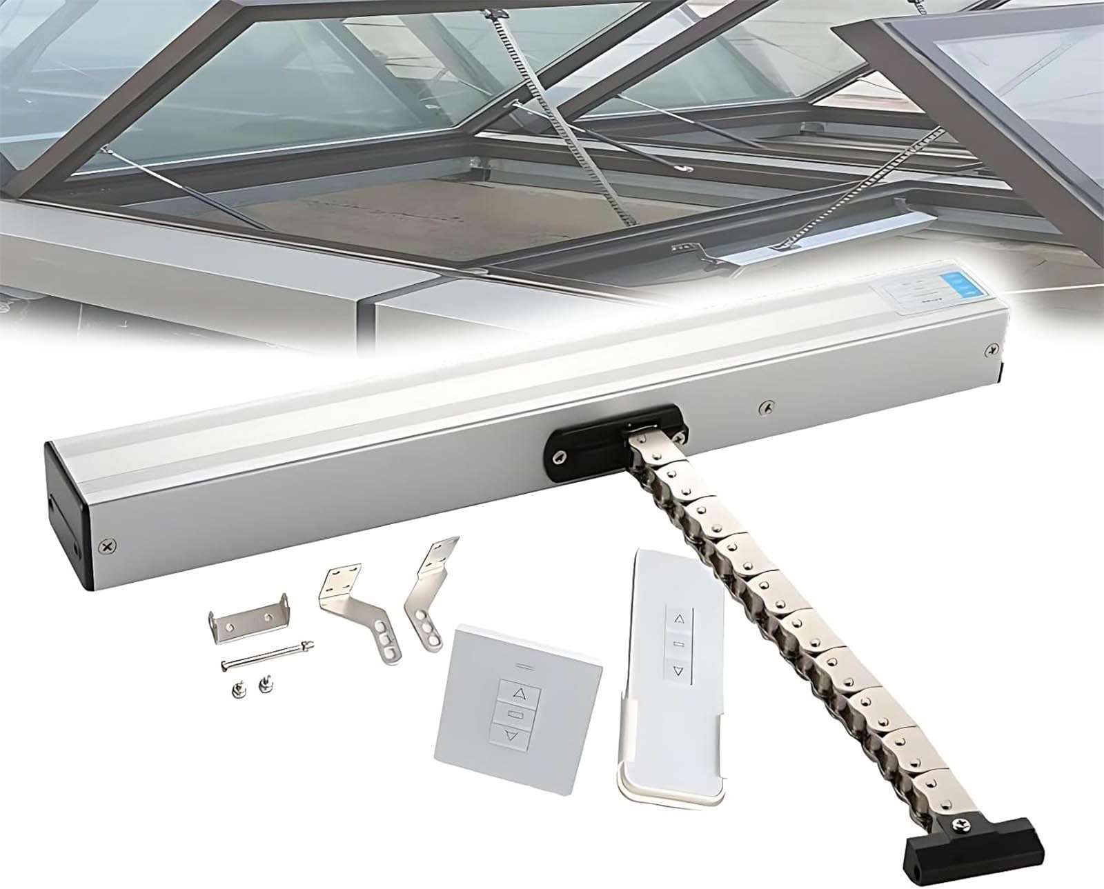 Electric Window Opener Actuator 24V, Motorized Chain Drive with Remote Control & Switch, 300–800mm Stroke, Quiet Operation for Skylight Window & Roof Vent Greenhouse(500mm Chain Travel)