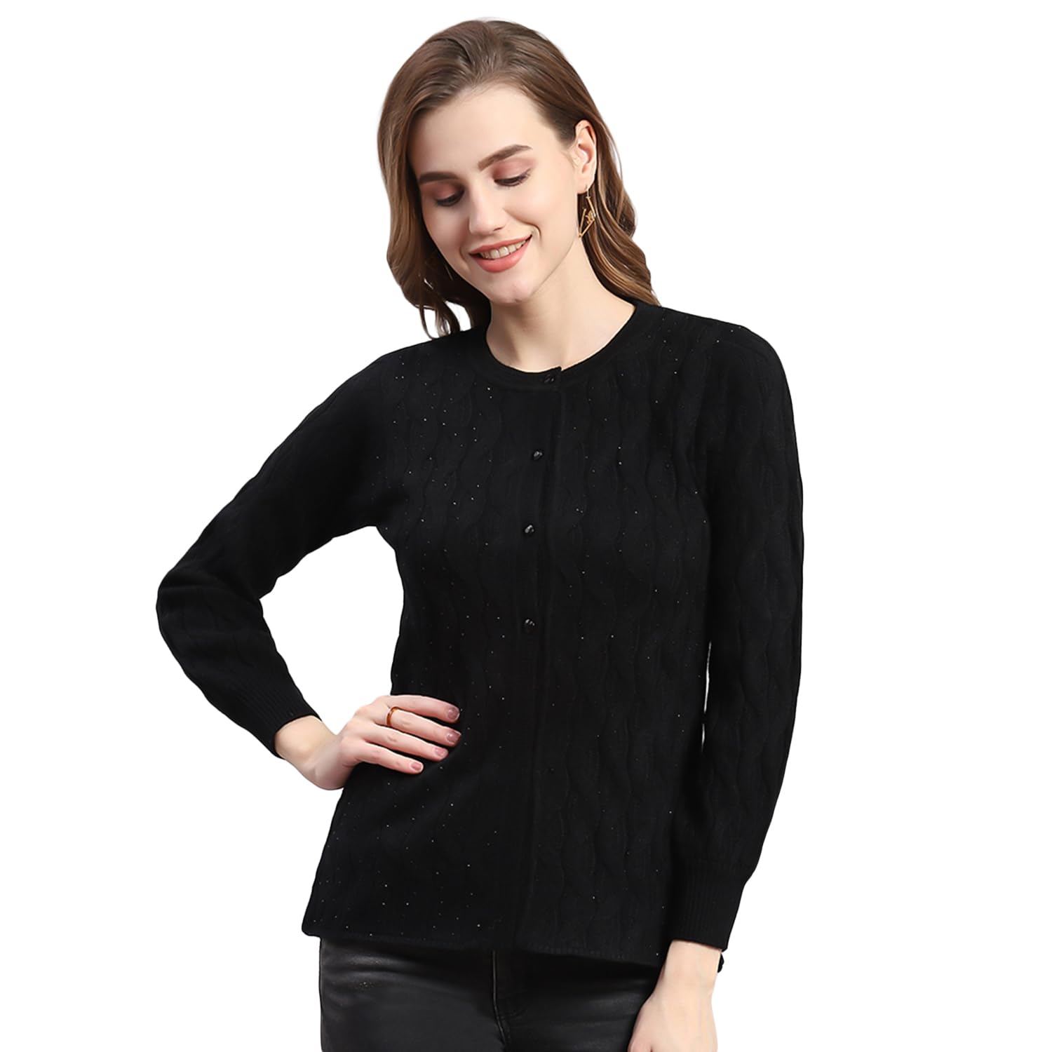 monte carlo Women's Wool Blend Crew Neck Self Design Sweater-picture-18