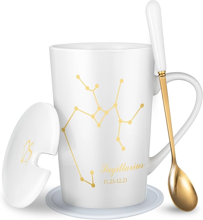 Sagittarius Gifts for Women 15oz Coffee Mug with Spoon Lid Upgrade Porcelain Tea Cup Sagittarius Birthday Gifts Decorations (White Gold)