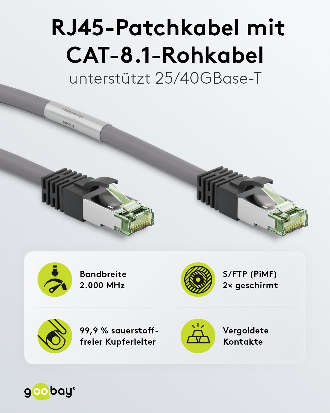 Goobay 55143 RJ45 kabel krosowy z kablem surowym CAT 8.1 S/FTP/wtyczka RJ45 / 8K Gaming PS5 Playstation 5/2000 MHz/kabel sieciowy OFC/szary/kabel LAN 20 m