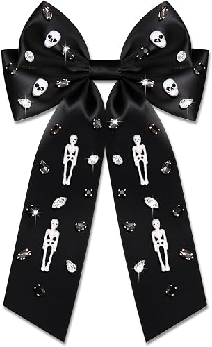 Halloween Hair Bows for Girls Women Spooky Skeleton Ghost Hair Bows Clip Jewel Crystal Halloween Bow Barrette Hair Clip Halloween Costumes Hair Accessories for Women White Skeleton