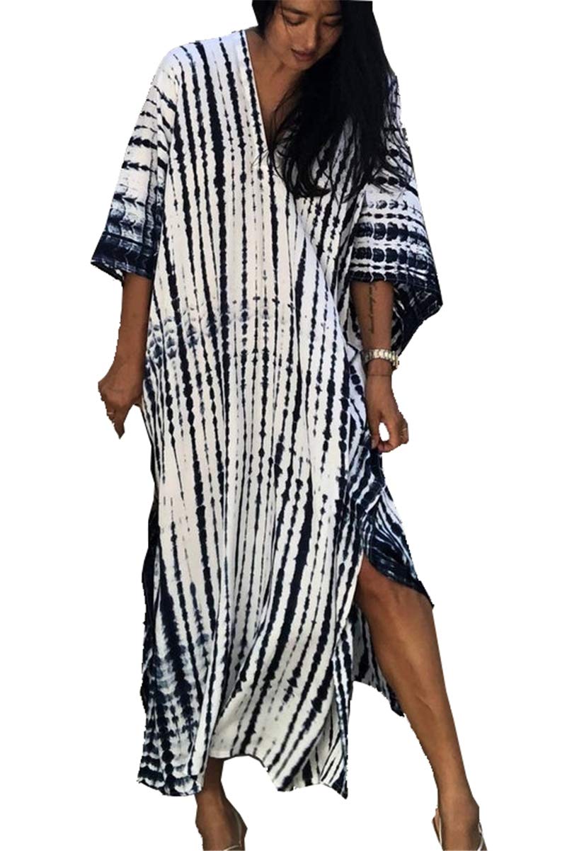 LikeJump Mujer Bohemia V Cuello Vestido de Playa Maxi Kaftan Kimono Pareos Bikini Cover Ups
