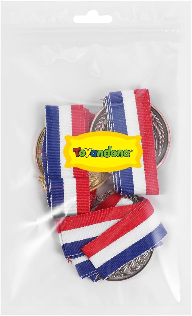 Metal Award Medals with Neck Ribbon Gold Silver Bronze Style for Children Sports or Any Competition,Pack of 3