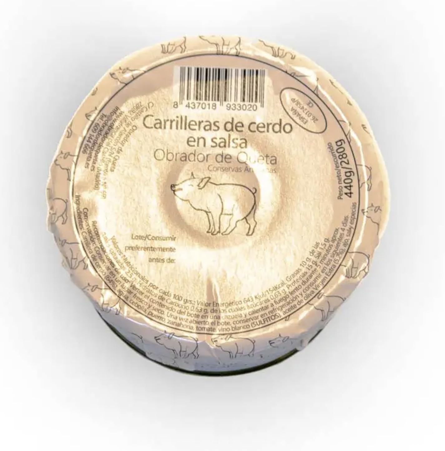 Carrilleras de cerdo al vino blanco. Conservas Gourmet. Carrilleras estofadas 440grs (Pack de 4). Receta familiar, casera y artesana. Regalo original para todos. Producto 100% elaborado en España.