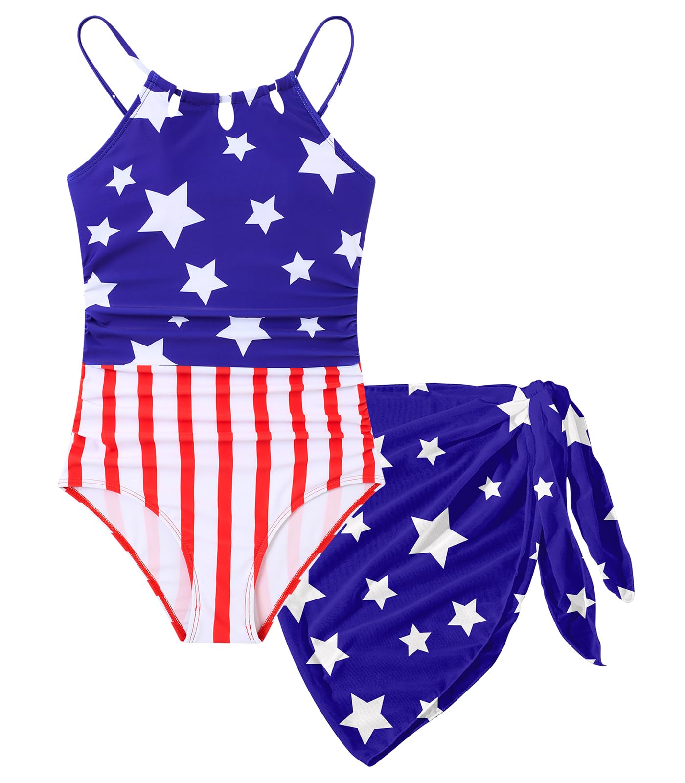 Girls One-Piece Swimsuit Bathing Suit with Cover Ups Size 7-16 | Adjustable spaghetti straps,Cut-out design, Removable chest pads, Swimwear for the beach, swimming pool, Hawaiian vacation
