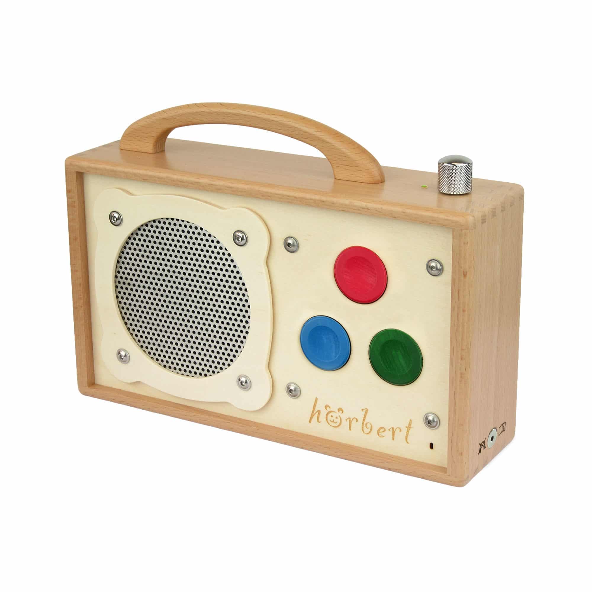 hörbert 3.0 barrierefrei + Leere SD-Card. Mit 3 Playlists und Anschluss für Zwei Externe Tasten oder Umfeldsteuerungen. Mit Einbau-Mikrofon und USB-C Ladeanschluss, aus Holz gefertigt