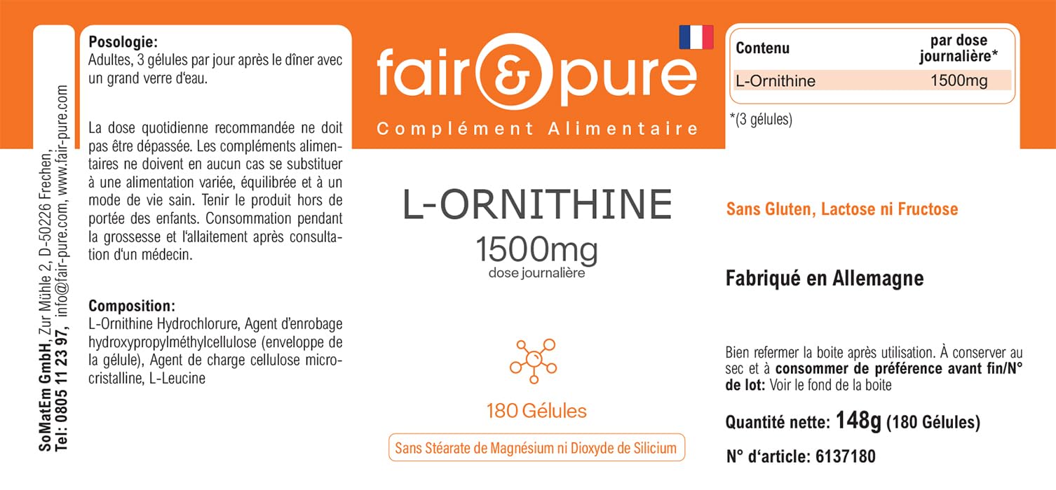 Fair & Pure® - L-Ornitina 1500mg per dose giornaliera - Aminoacido Vegano - Alto dosaggio - 180 Capsule