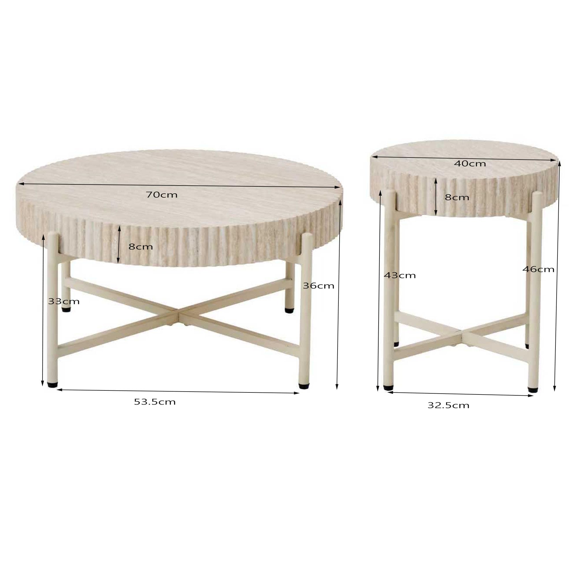 Beistelltische 2er Set, Moderne Metallgestell Beistelltische mit Travertinoptik Tischplatte, Sofatisch für Wohnzimmer, Schlafzimmer und Büro