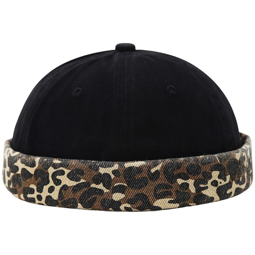 Sslvya Leopard Print Brimless Docker Cap, Retro Worker Sailor Hat Unisex Skull Cap Beanie with Rolled Cuff