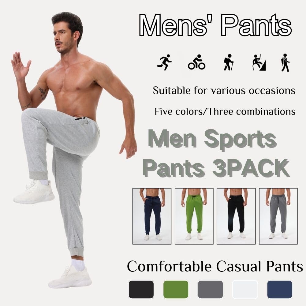 Bsrpolry Confezione da 3 pantaloni sportivi da uomo con tasche con cerniera, pantaloni da allenamento da palestra per corsa e jogging