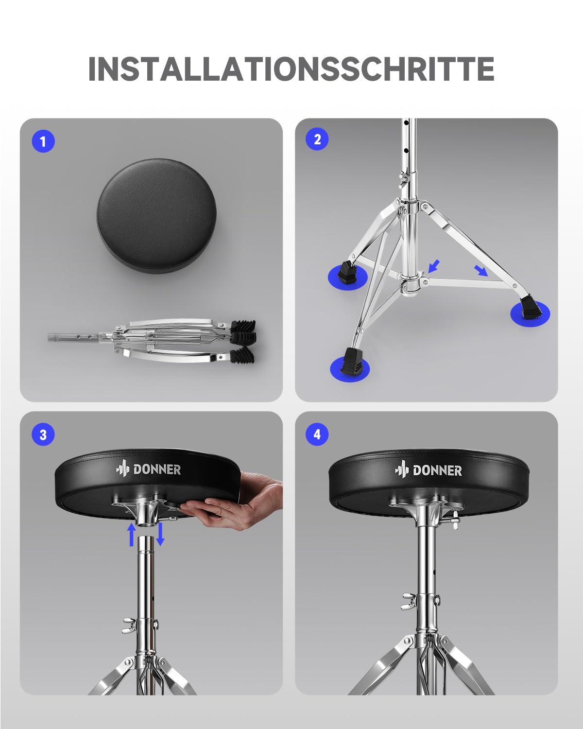 Donner Drumhocker mit Ahorn Holz Drumsticks, Schlagzeughocker Höhenverstellbar 48-58 cm für Elektronisches Schlagzeug, Drum Set, Maxi Belastung 90 kg