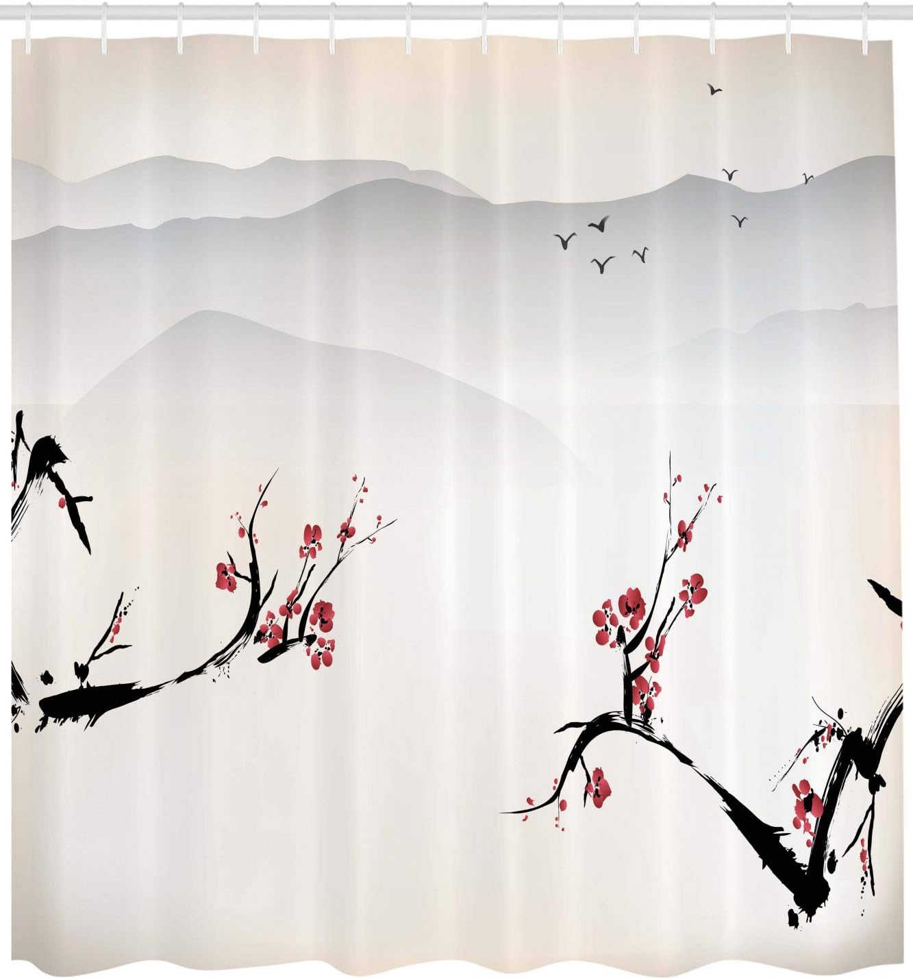 Ambesonne East Shower Curtain, Japanese Nature Landscape National Sakura Flower Over Himalayas and Flying Gulls, Cloth Fabric Bathroom Decor Set with Hooks, 69" W x 75" L, Beige Red Black