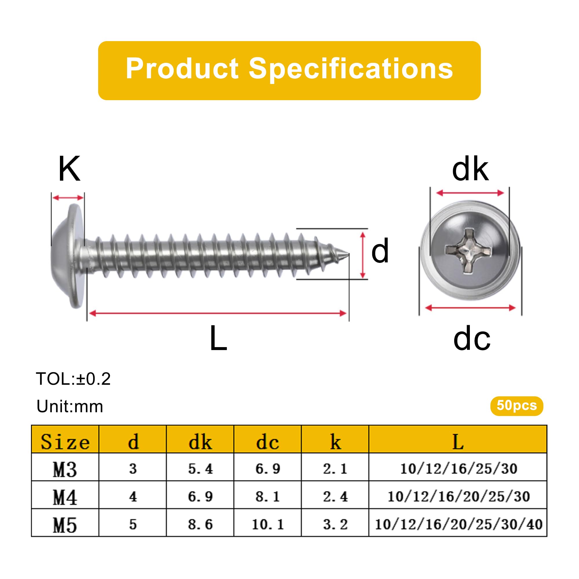 Stainless Steel Self Tapping Screws, 50pcs M4 x 30mm Phillips Pan Head Screw with Washer - Image 2