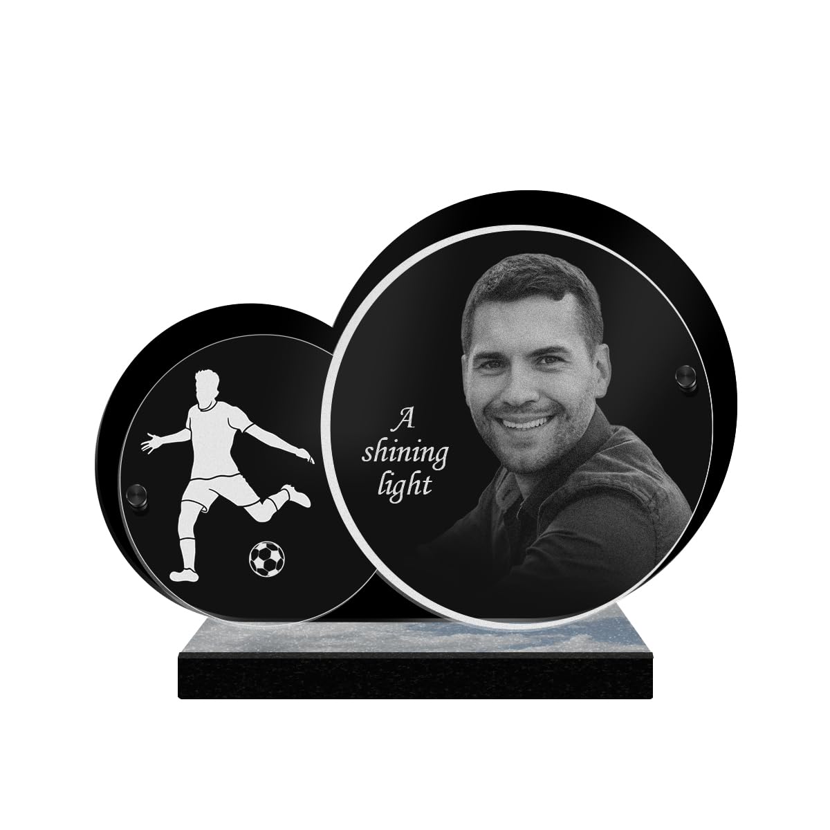 ETERNEL - Personalized Funeral Plaque Double Circle Football Customizable Photo and Text, laser-engraved funeral plaque for tribute, tombstone, mortuary, funerals, commemoration
