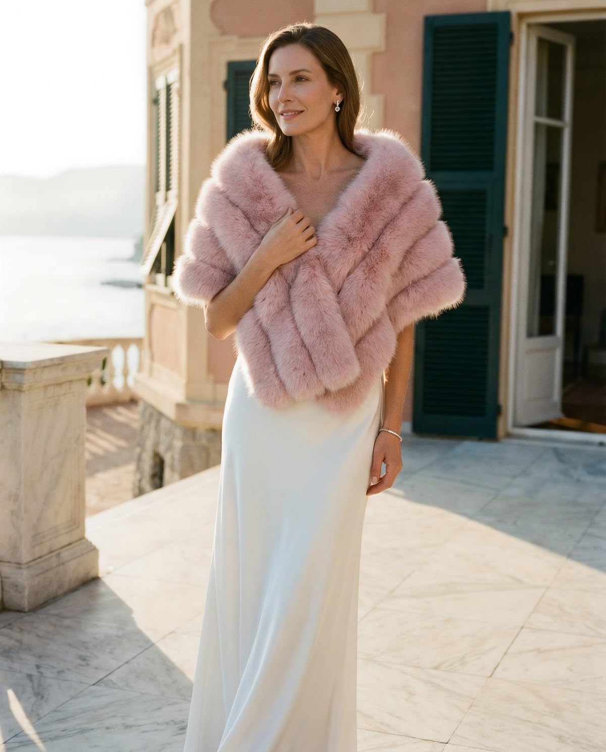 DJBM Women Luxury Faux Fur PU Leather Shawl Winter Fluffy Cover Up Wraps for Wedding Bridal Party