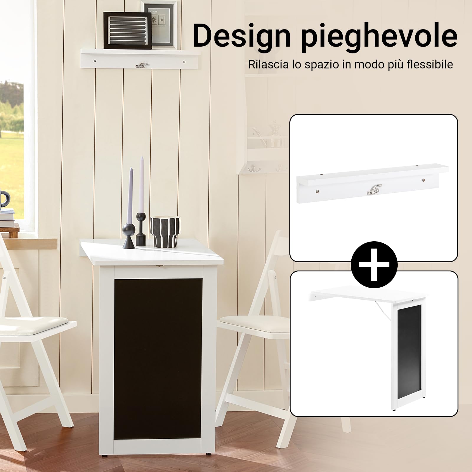 SoBuy Tavolo Pieghevole da Muro con Foglia Abbattibile Tavolo da Pranzo Allungabile con Lavagna Memo Tavolo Salvaspazio Pieghevole per Cucina, Ufficio e Piccoli Spazi Bianco 50 x 75 x 76 cm FWT20-W