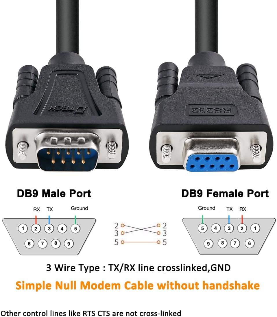 DTECH DB9 RS232 Serial Cable Male to Female Extension Simple Null Modem Cord Cross TX RX Line 2 Pin Crossed for Computer Data Communication-Black (1.5M)