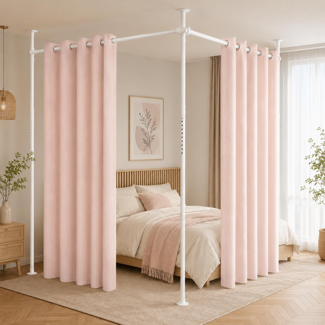 Freistehende Raumteiler Stange, Höhenverstellbar bis 320 cm, Ohne Bohren für Mietwohnung, Flexibler Sichtschutz & Trennwand, Metall Rahmen, Einfache Montage/Weiß