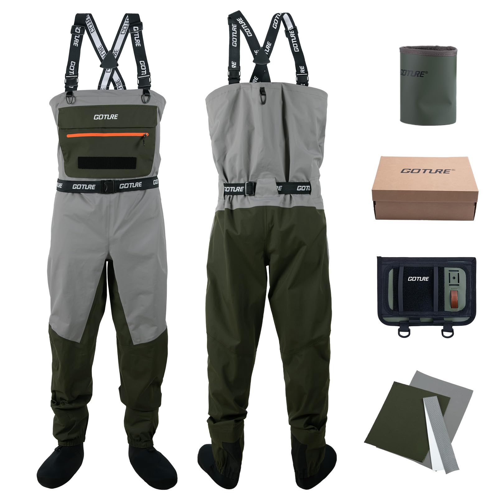 Goture Vadeadores para hombre impermeables, tejido transpirable mejorado, pantalones de vadeo impermeables para pesca con bolsillo impermeable, caza, vadeadores con parche de tela transpirable