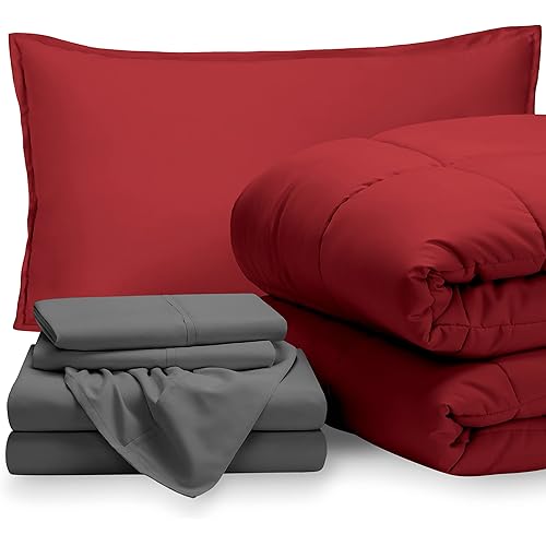 Bare Home Bedding Set 5 Piece Comforter & Sheet Set - Twin XL - Goose Down Alternative - Ultra-Soft 1800 Premium Bed Set (Twin XL, Red/Grey)