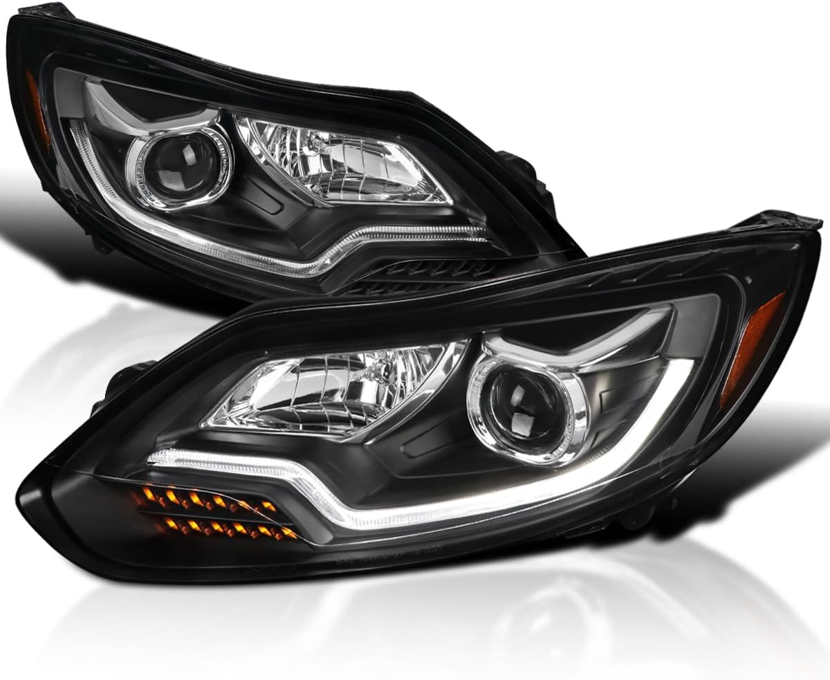 Spec-D Tuning Black Projector Headlights w/LED Sequential Turn Signal Compatible with 2012-2014 Ford Focus, Fits Models Made in United States And Canada, Left + Right Pair Headlamps Assembly