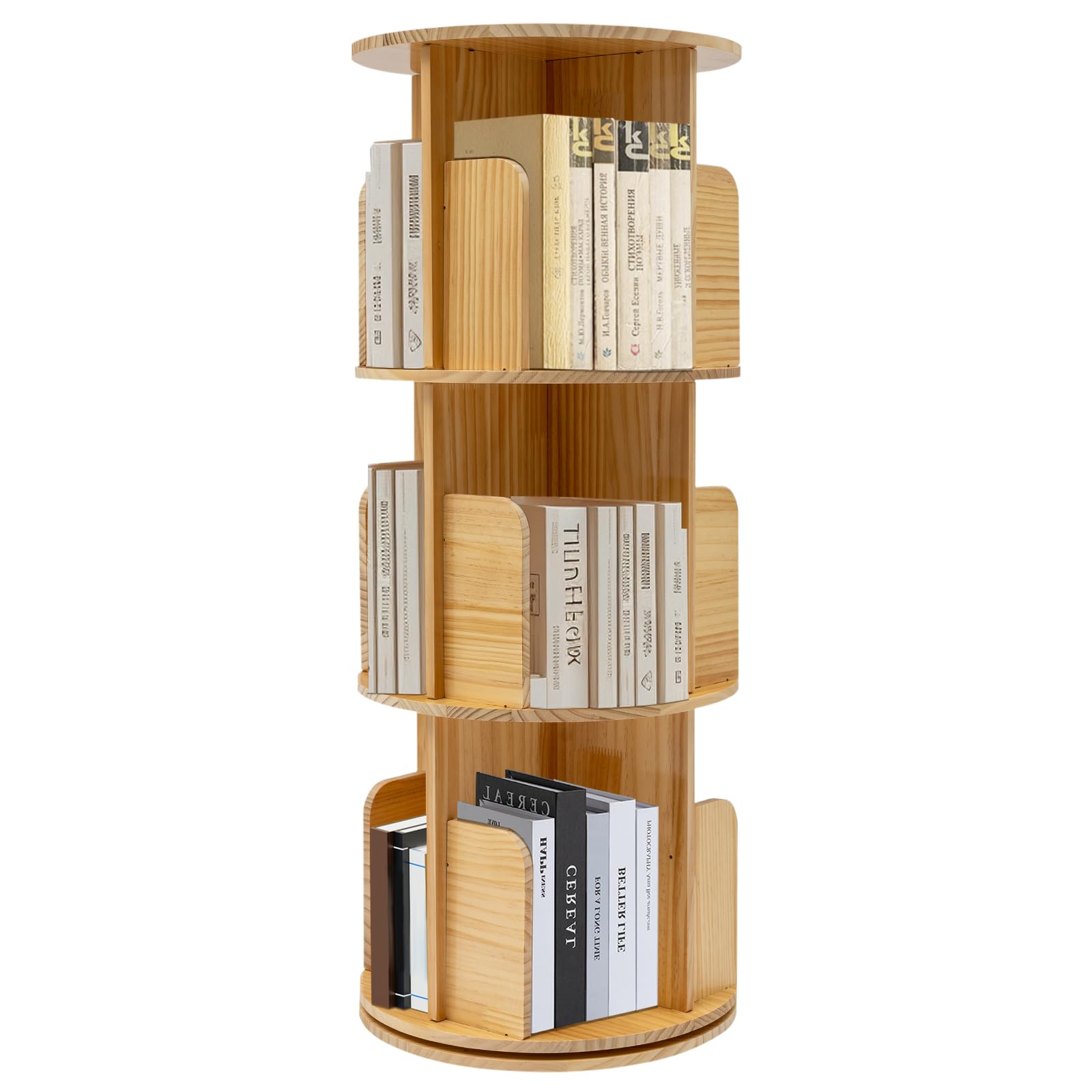 Estantería giratoria de madera de 3 niveles, 360 grados, estantería de oficina de madera de pino, armario de almacenamiento para estudio, oficina, biblioteca, sala de lectura, 45 x 98 cm