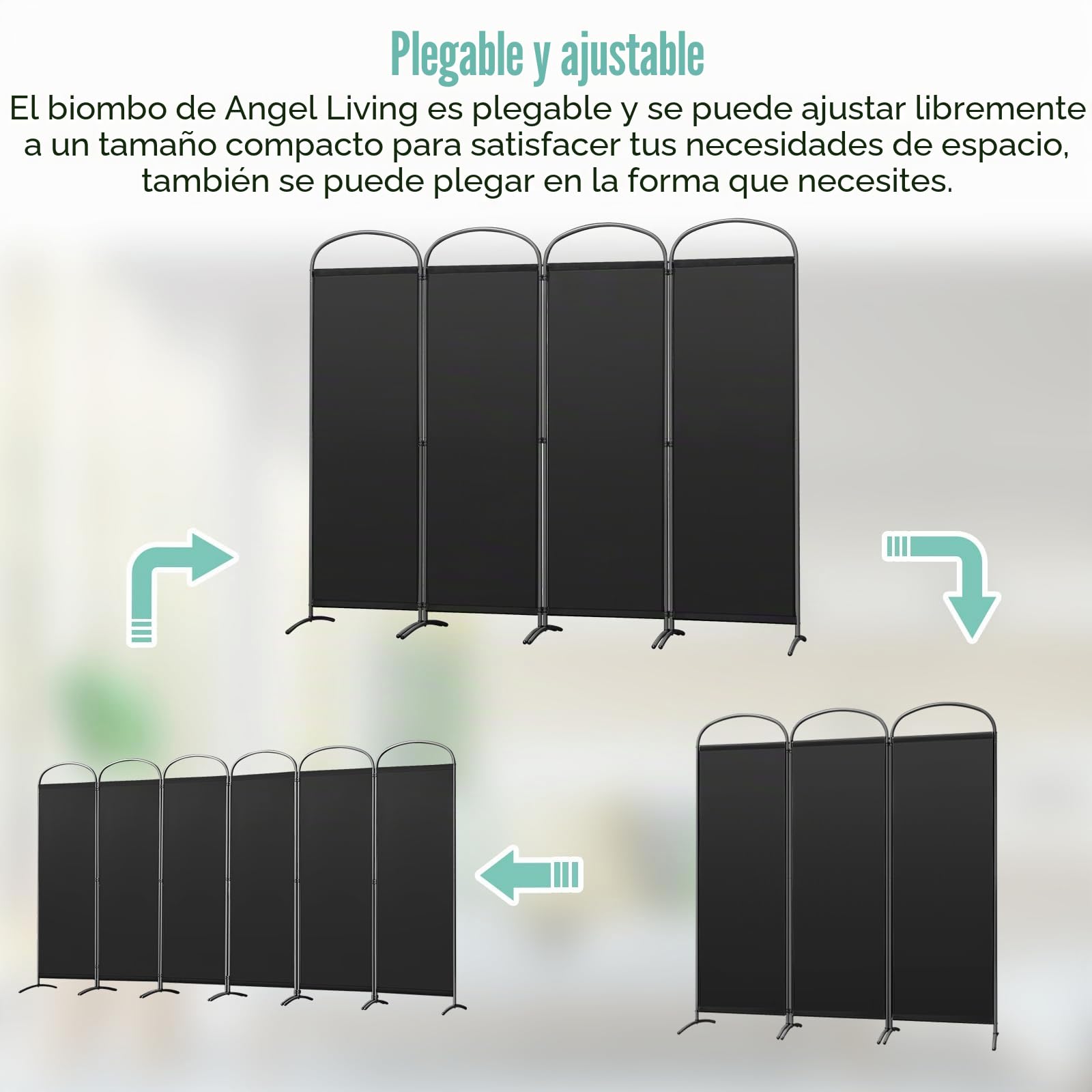 Angel Living Biombo Separador de 4 Paneles con el Techo y la Base en la Forma Curv, Decoración Elegante, Separador de Ambientes Plegable, Divisor de Habitación, 224x182 cm (Negro)