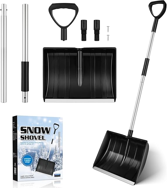 Snow Shovel With Aluminum Handle, Heavy Duty Snow Remover Portable Long Handle Snow Detachable Snow Remover Tool for Garden Car Black Total Length 142CM