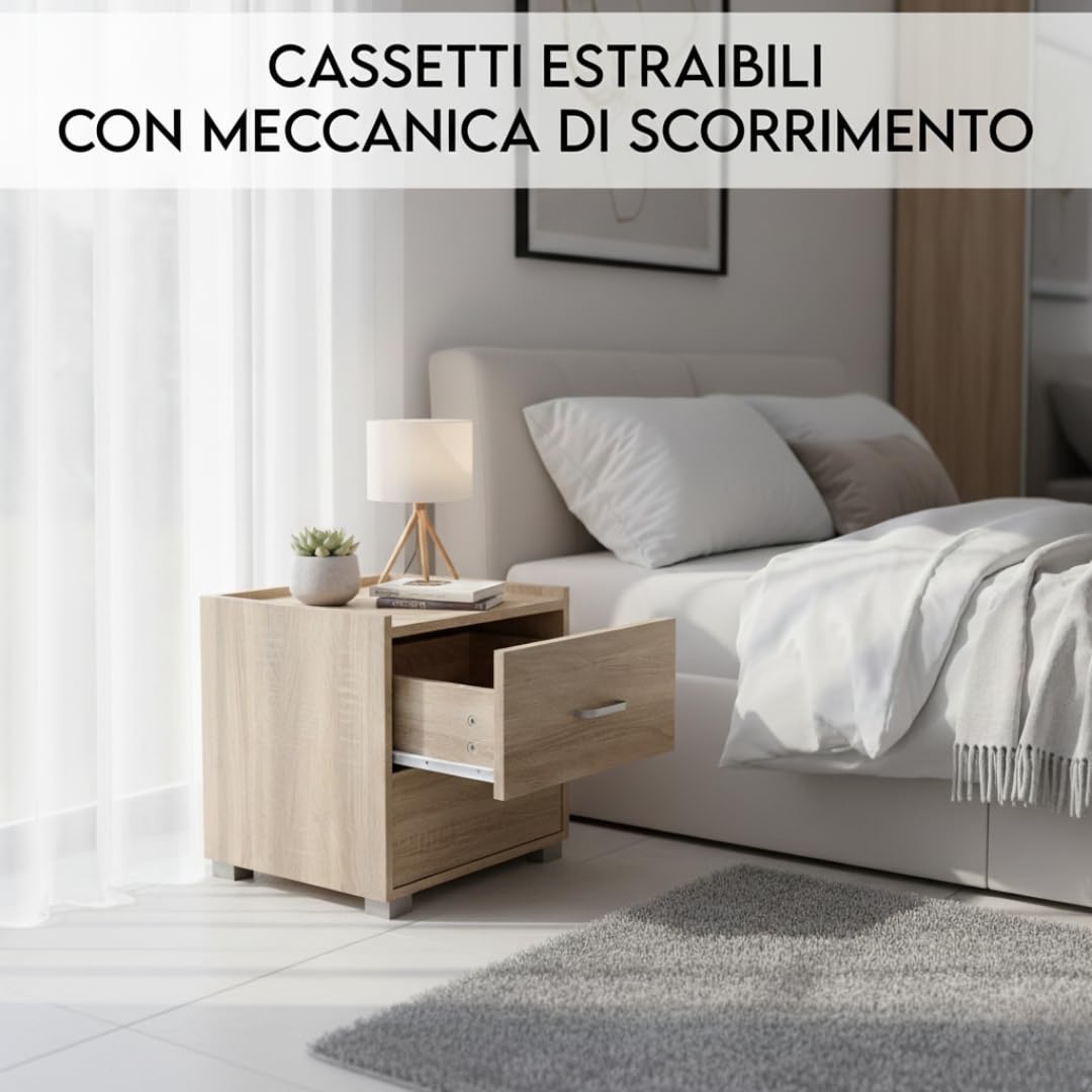 MAKA Comodino Camera da Letto Moderni con 2 Cassetti Ripiano Tavolino con Barre Portaoggetti Evita la Caduta Mobiletto in Legno Melaminico con Piedi Antiscivolo da Notte 43 x 40 x 44 cm (Rovere)