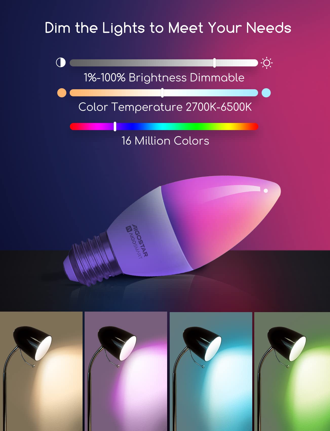 Aigostar Bombilla Inteligente E14 Bombilla Alexa LED 6.5W Bombillas Wifi RGB & 2700K-6500K Regulable, Sincronización con la música, Conexión rápida, compatible con Alexa y Google Home, 6 Unidades