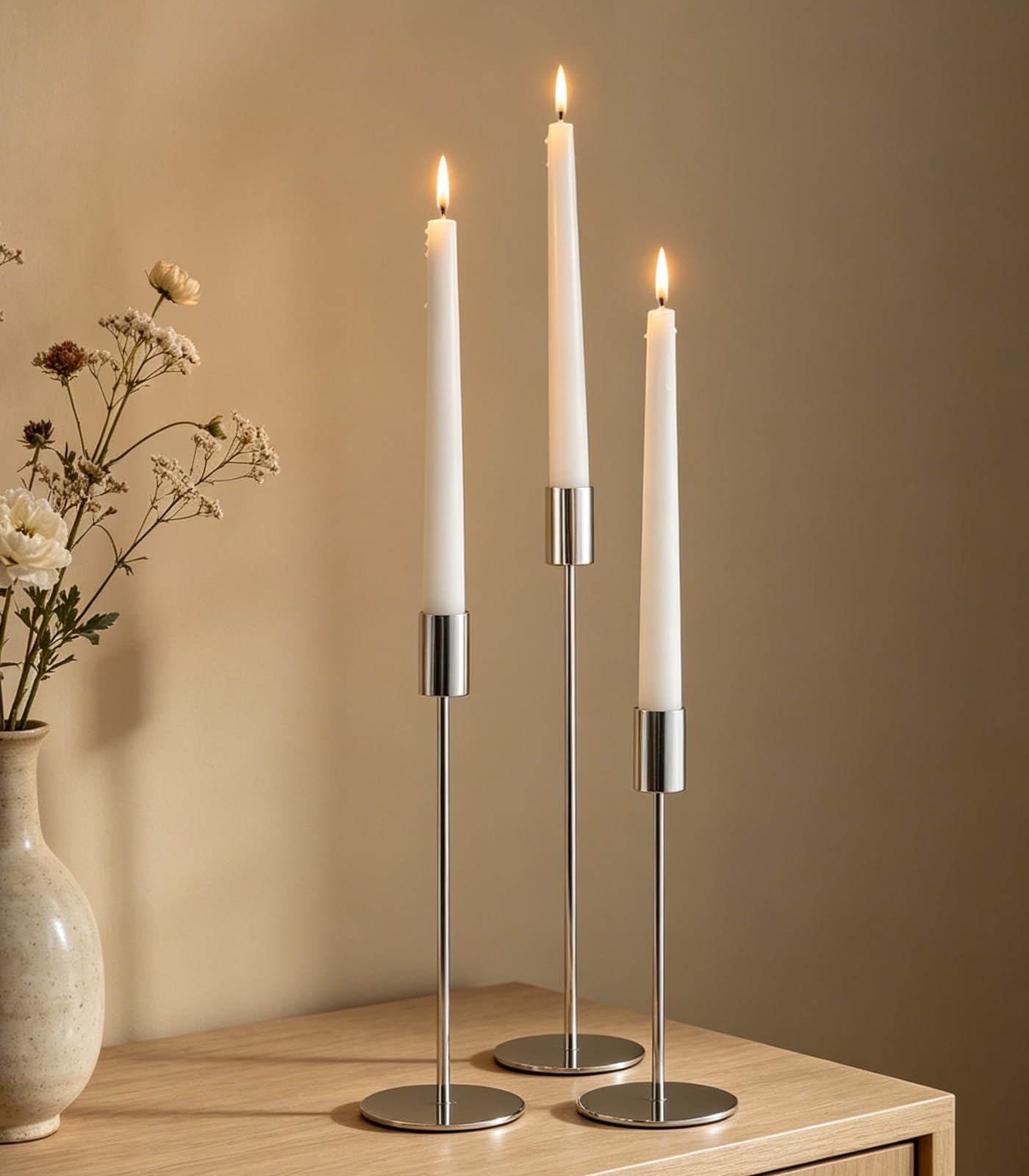 Filltown Silver Candle Holder Set of 3, Candlestick 32/27/22CM, Tall Candle Holder for 3/4 inch Pillar Candle Decorations, Mantels, Weddings, Dinner Parties, Table Centerpieces — image 1
