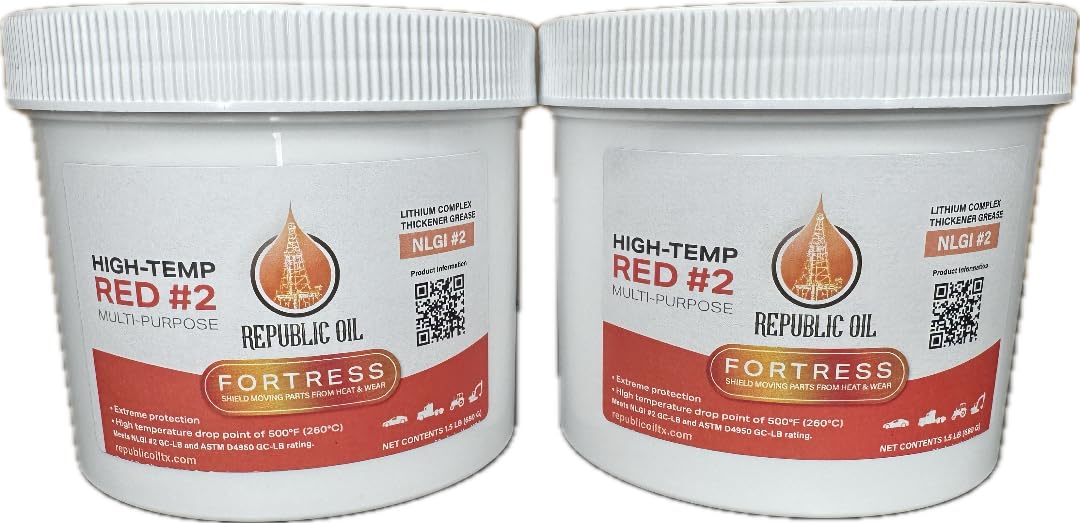 Republic Oil Fortress Red High Temp #2 Grease 2X 1.5 LB Jar. Lithium Complex Multi-Purpose |Chassis | Wheel Bearings| Tacky | EP2 | Extreme Pressure | 5th Wheels | Agrilculture | Construction