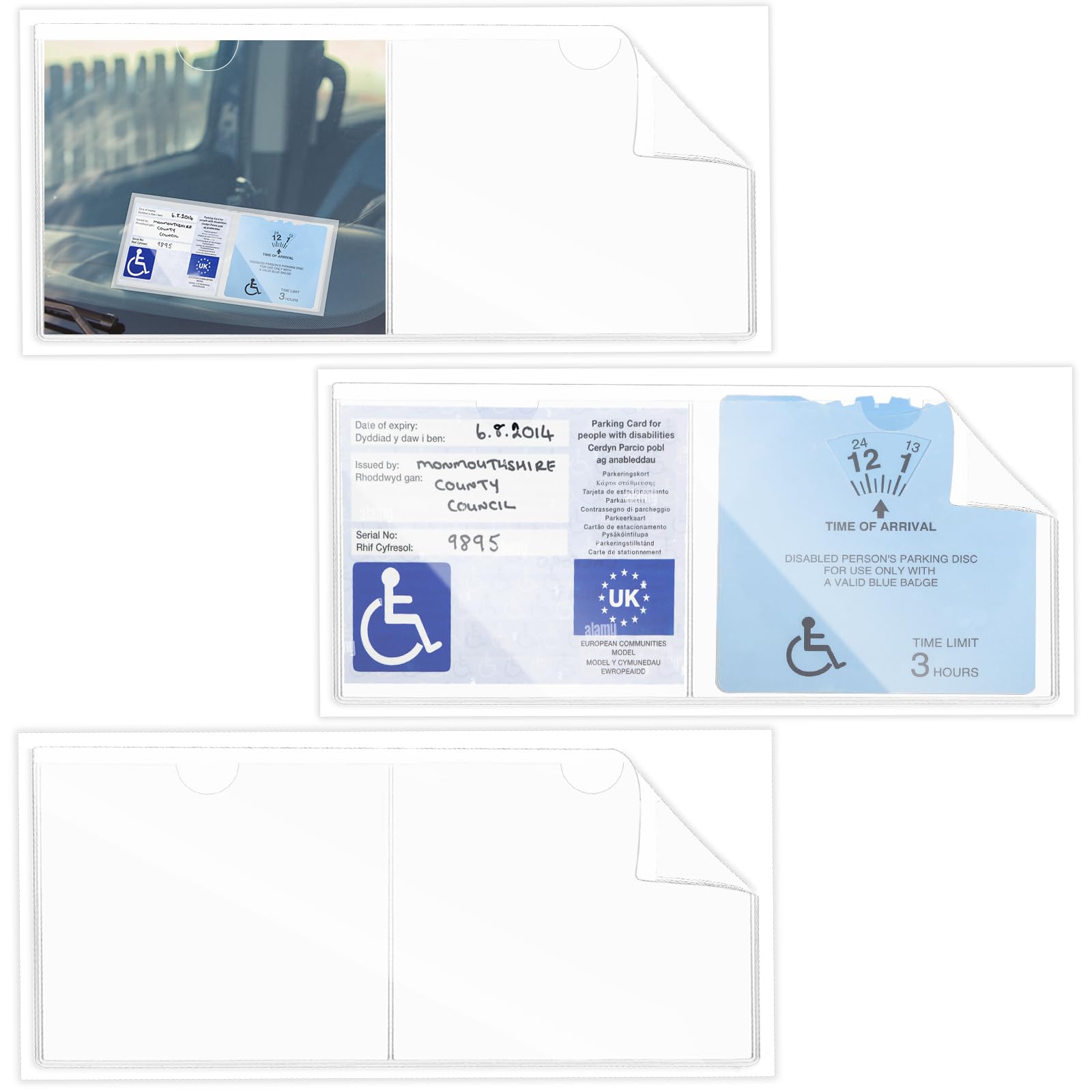 3 PCS 2 Pockets Adhesive Disabled Blue Badge and Timer Holder Clear Disabled Badge Holder PVC Blue Badge Disabled Parking Badge Holder 12 x 4.84 inch for Cars Vans Windscreen