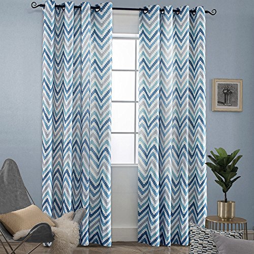 Melodieux Chevron Grommet Top Window Curtains for Living Room, 52 by 84 Inch, Blue (1 Panel)
