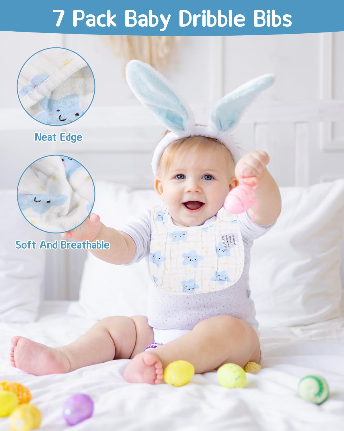 Toaren 7 Pezzi Bavaglini Neonato,Bavaglini Bavaglino Impermeabili con Bottoni a Pressione Regolabili,Bavaglini Impermeabili Cotone,Ultra Morbidi e Assorbenti,per Sbavature,per Neonati/Lattanti/Bimbo