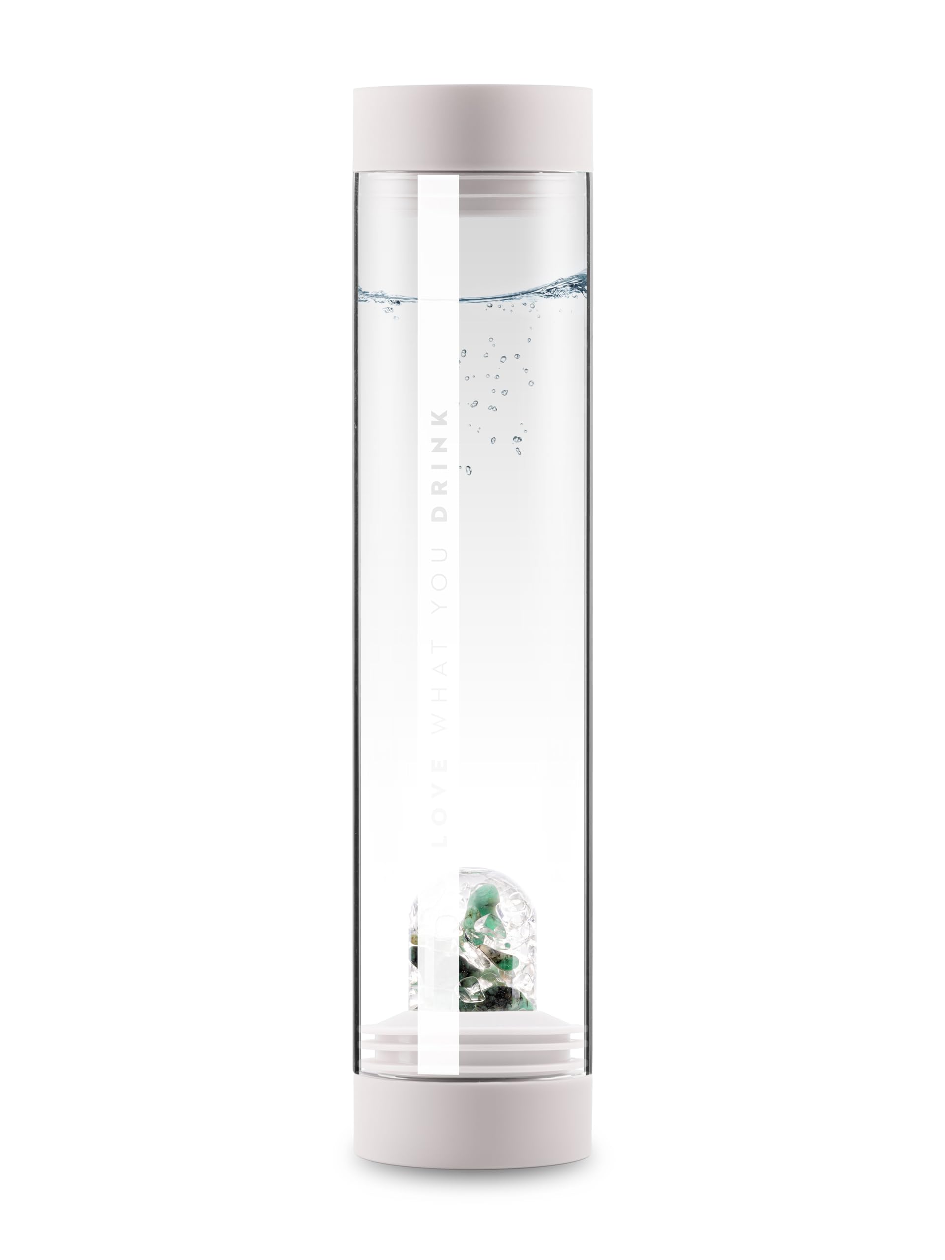 VitaJuwel Sana VITALITY cloud white Carafe en verre avec pierres précieuses (émeraude et cristal de roche) pour régénération, rajeunissement et renouvellement