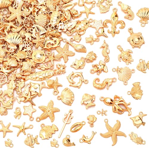 MARFOREVER 120 PCS Summer Beach Charms for Jewelry Making Assorted KC Gold Ocean Life Sea Animal Charm Pendants Starfish Seashell Conch Charms for DIY Bracelet Necklace Earrings Making Crafting