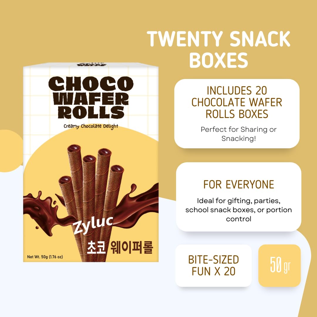 Zyluc Chocolate Wafer Rolls – Crispy Cream-Filled Cookies with Real Cocoa, Portion-Controlled Snack, Cholesterol Free, No Trans Fat, 200 Cal per Pack (50g) – 12 Rolls Per Pack – Pack of 20