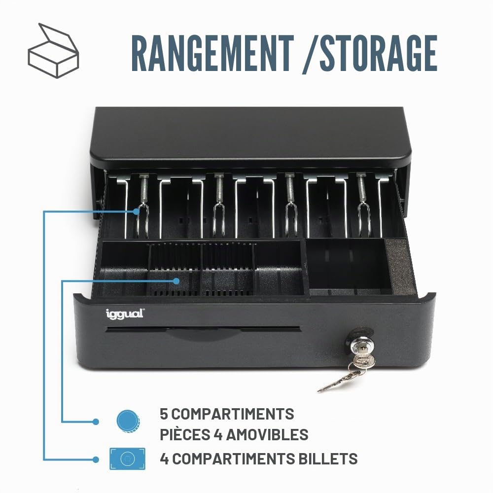 Iggual -Tiroir-Caisse IRON-10R - Caisse Enregistreuse Manuelle ou Automatique pour 4 Billets et 5 Pièces -Serrure à 3 Positions -Matériau Acier + Plastique - Usage Professionnel - Noir (38 x 33,5x9)