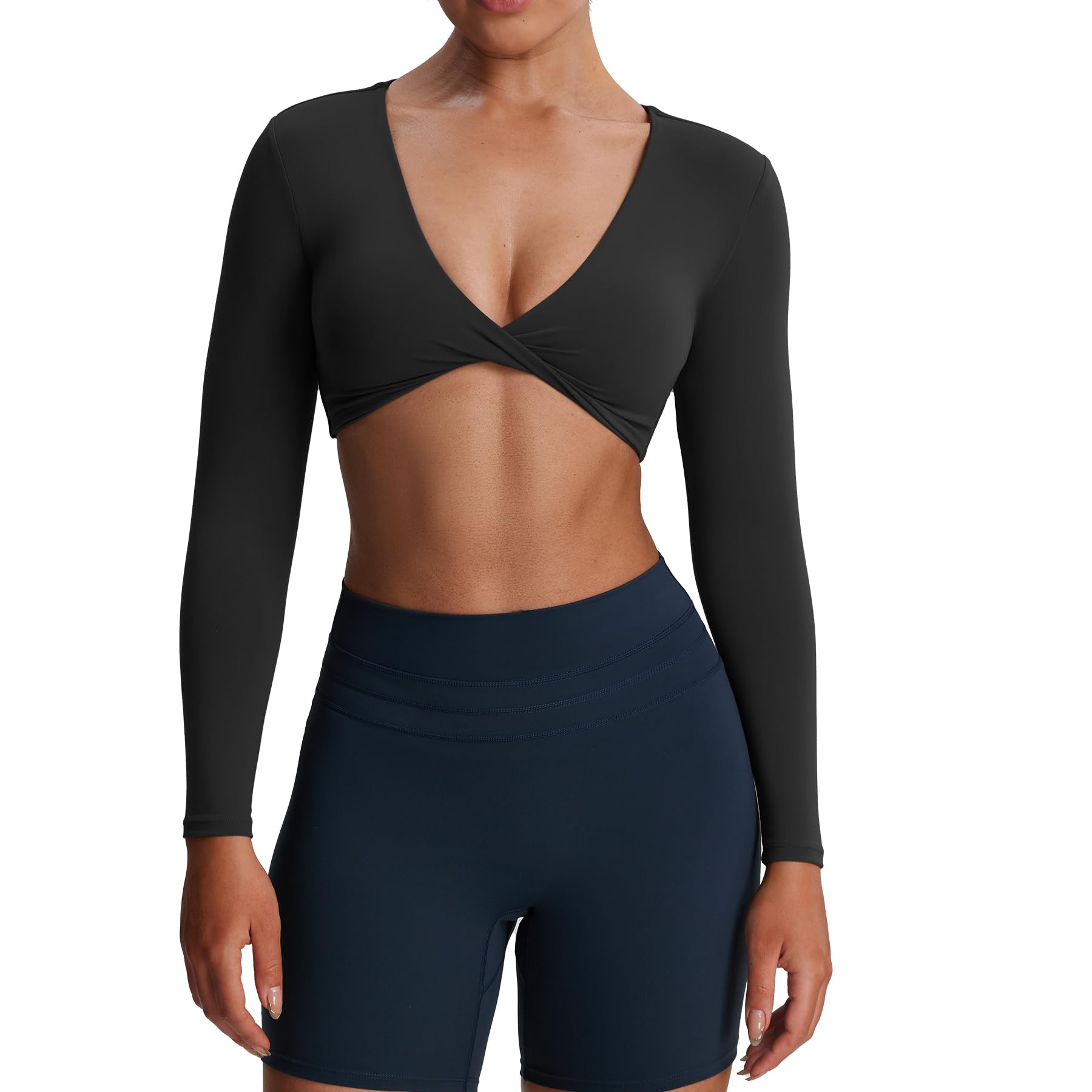 Long Sleeve Crop Tops for Women Sienna Twist Deep V Workout Cropped T Shirt Top