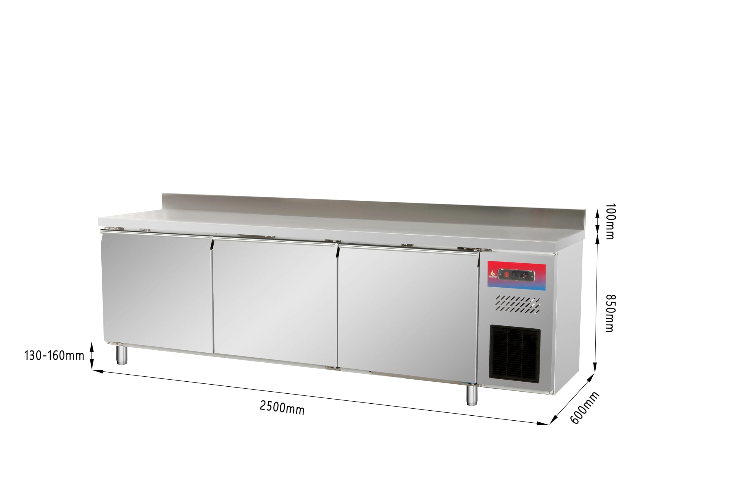 Mesa refrigerada bajo mostrador profesional, 2 o 3 puertas, acero inoxidable ventilada, 1500/2000/2500 x 600 x 850+100 mm