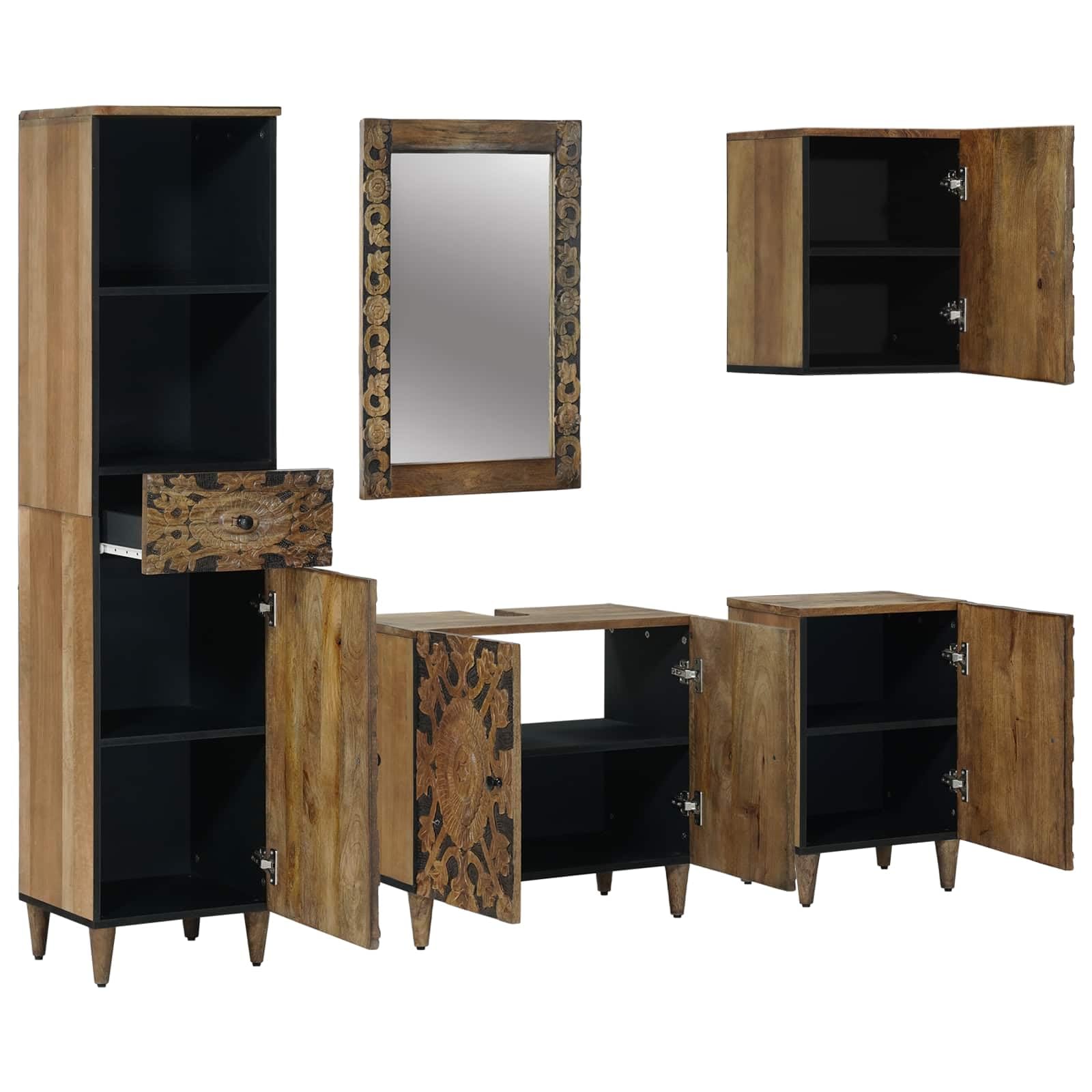 Hothingwell 5-częściowy zestaw mebli łazienkowych z drewna mango brązowy | Drzwi zawiasowe 90°, półki do przechowywania, łatwa konserwacja, nowoczesny design