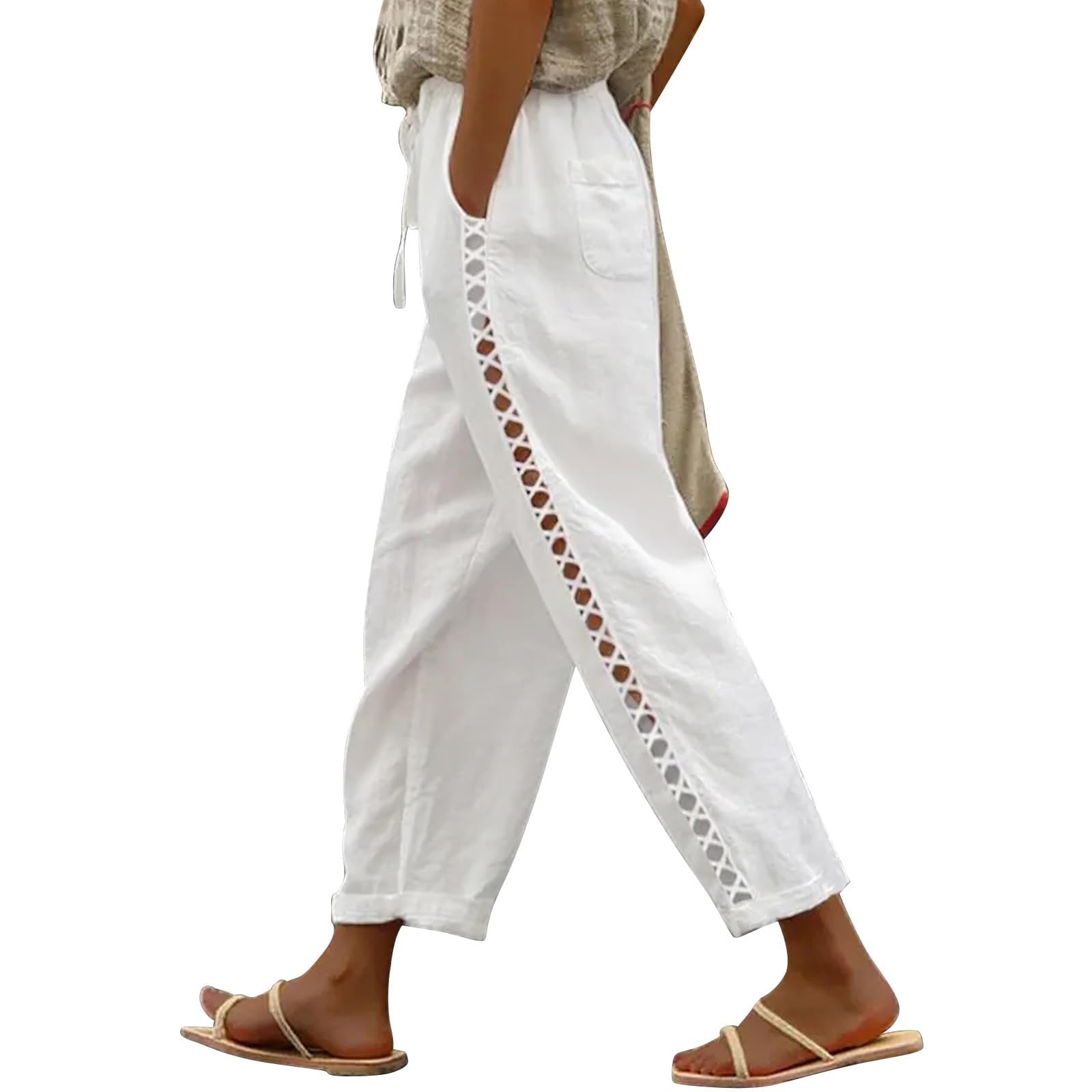 BTFONIA Women's Linen Capri Pants with Drawstring Petite Summer Beachwear Lightweight Elastic Waist Pants(White,M)