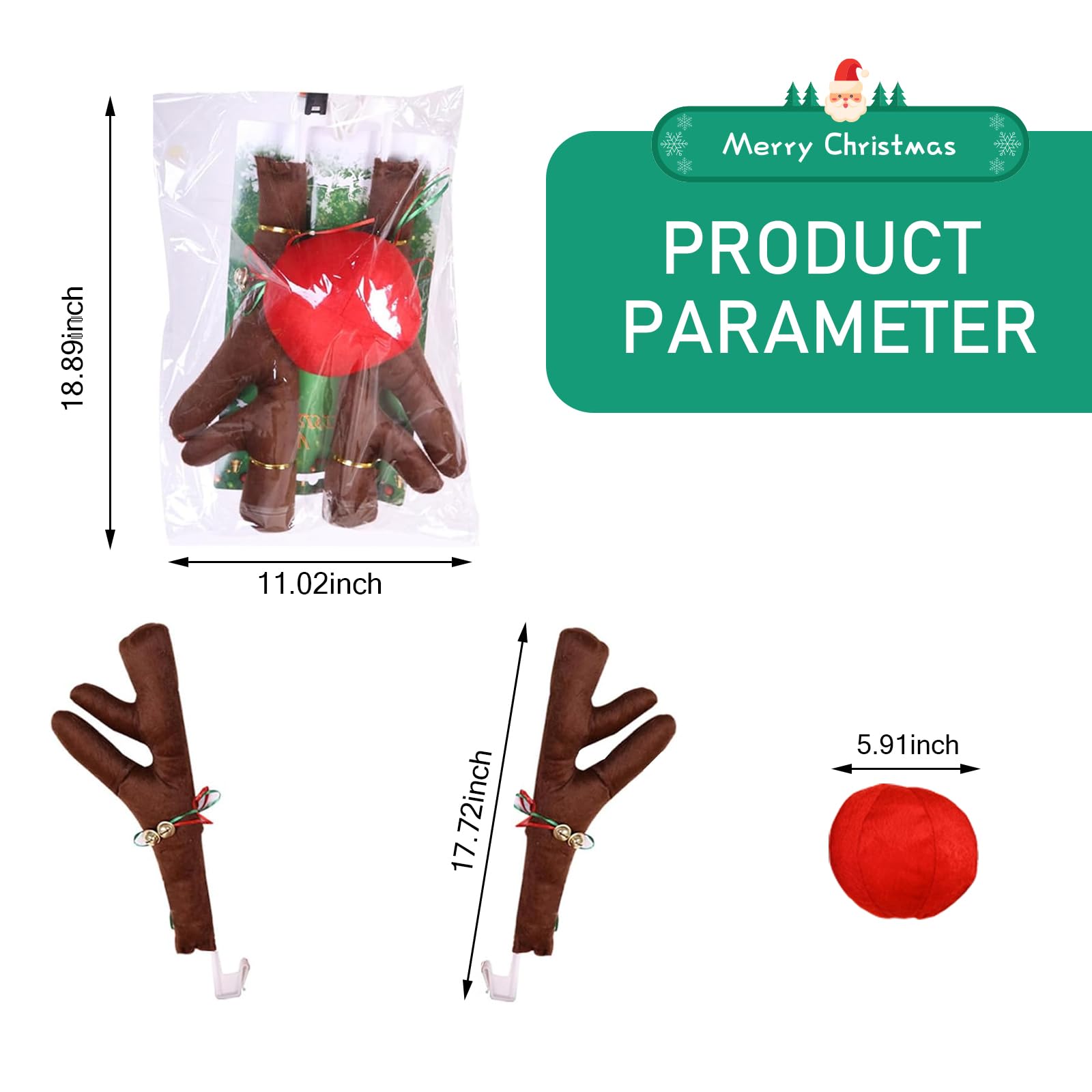 Irinidig Car Antlers, Plush Reindeer Antler Kit, Christmas Reindeer Antlers & Nose Decorations, Christmas Car Accessories for Cars SUV Vans Trucks Multiple Models (Red & Brown)