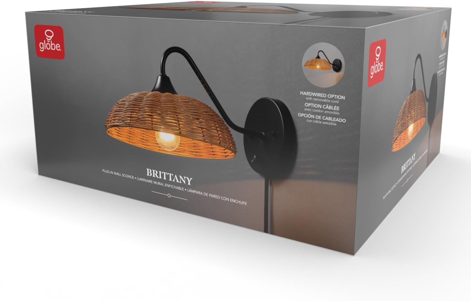 GLOBE Electric 65000105 1-Light Plug-in or Hardwire Wall Sconce, Matte Black, Paper Twine Shade, 6ft Black Cord, Rotary On/Off Switch on Backplate, Wall Lights for Living Room, Bedroom, Den