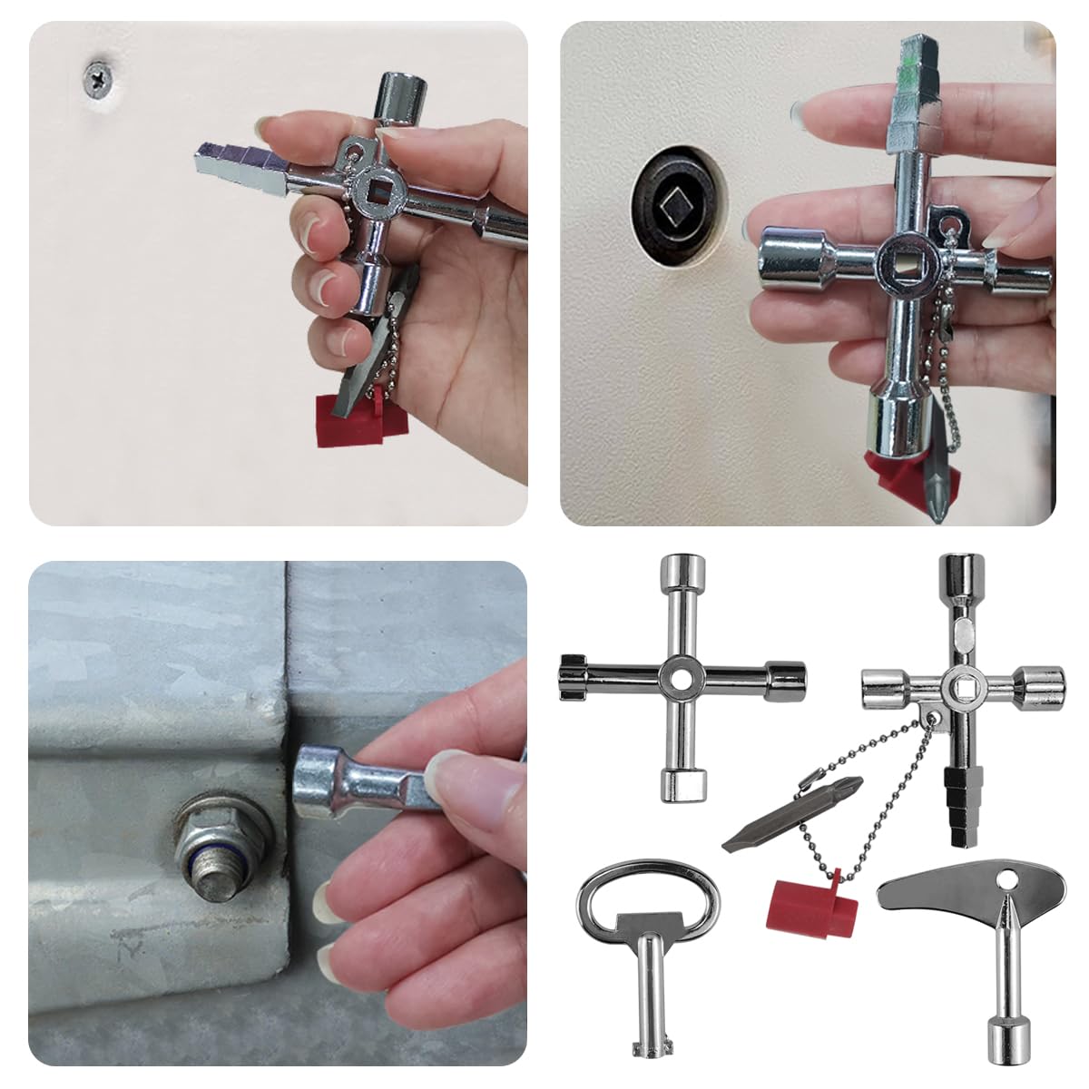 Lot de 9 clés universelles, triangulaires, carrées, clés rondes pour robinet, radiateur, poubelle, compteur d'électricité et d'eau, armoire de contrôle, clé à 4 voies incluse