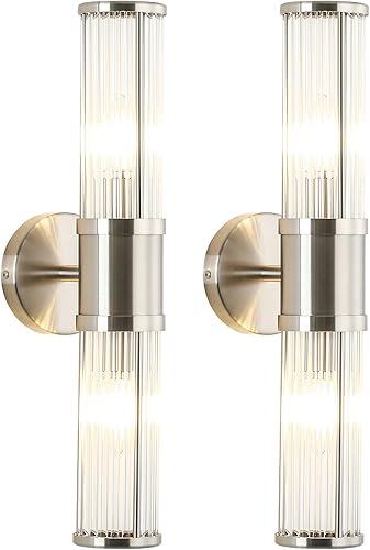 Miniatura 11 de Aplique de pared de níquel cepillado con varillas de vidrio, lámpara de tocador industrial moderna, base de candelabro E12 para baño, dormitorio y